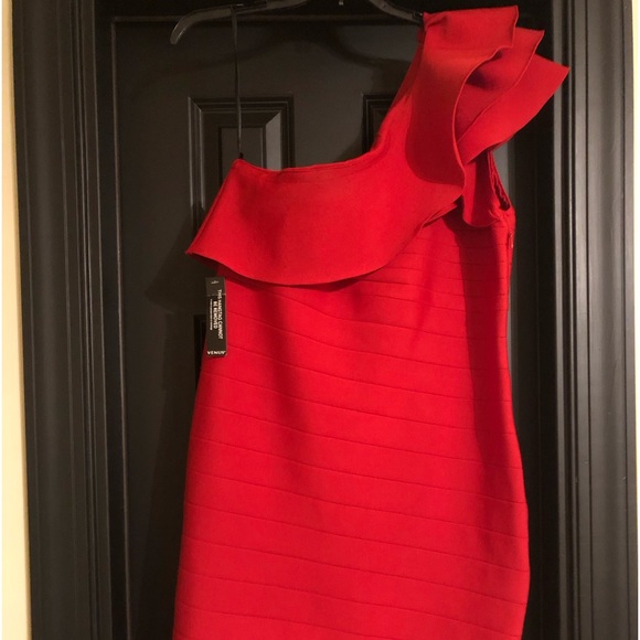 Red Off Shoulder Ruffle Dress - Picture 1 of 4